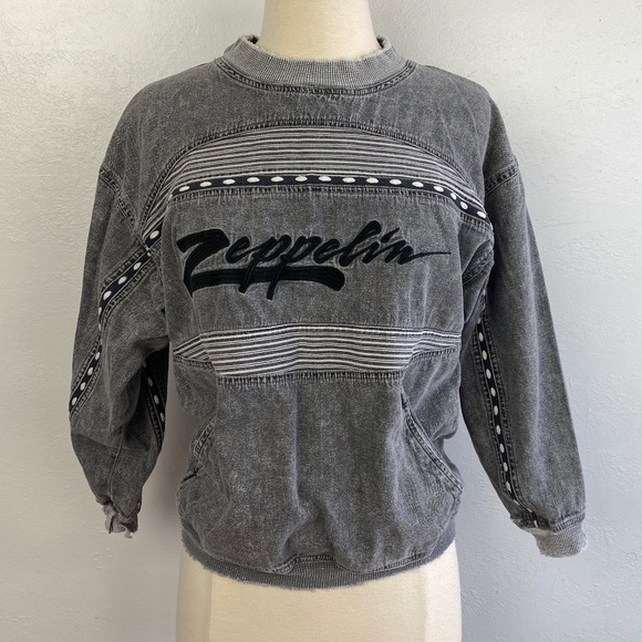 Zeppelin Womans Gray Sweatshirt Medium Cotton Distressed Pockets Logo Hip Hop - Picture 1 of 15